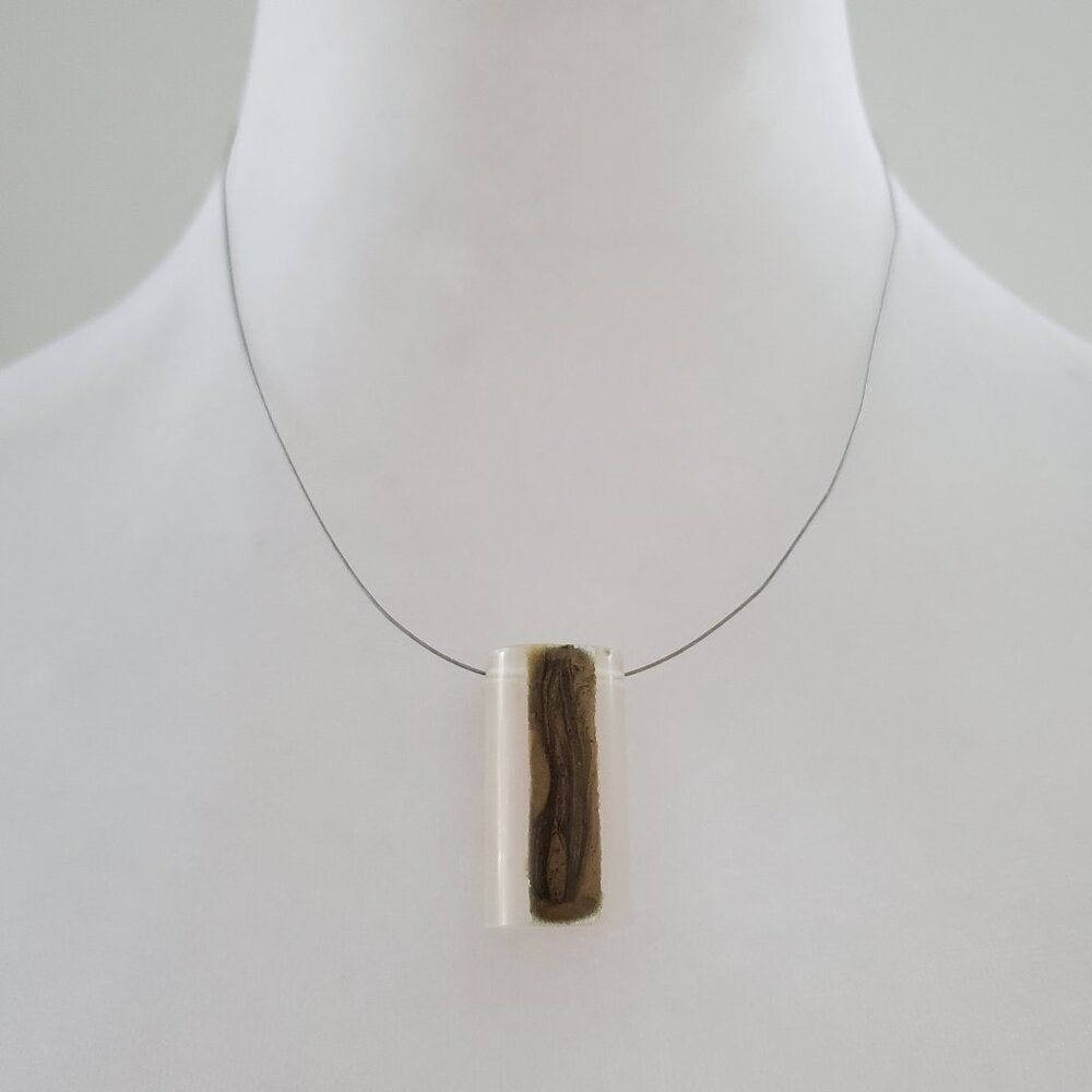 Vintage Modernist Pendant Necklace Lucite Cylinder Silver Metal Wire Strand